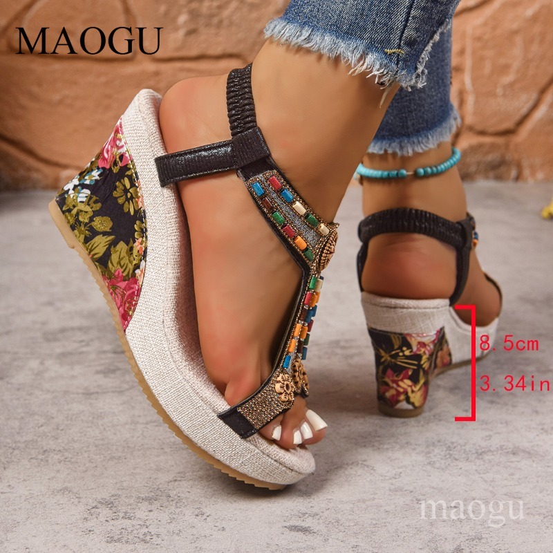 Boho Beaded Floral Wedge Sanda - Ethnic Fashion For Women recension och pris